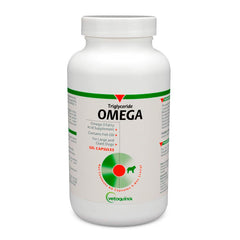 Vetoquinol Triglyceride Omega bottle and capsules support healthy skin and coat.