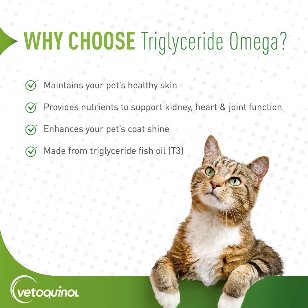 Vetoquinol Triglyceride Omega capsules container for convenient storage and dosing.