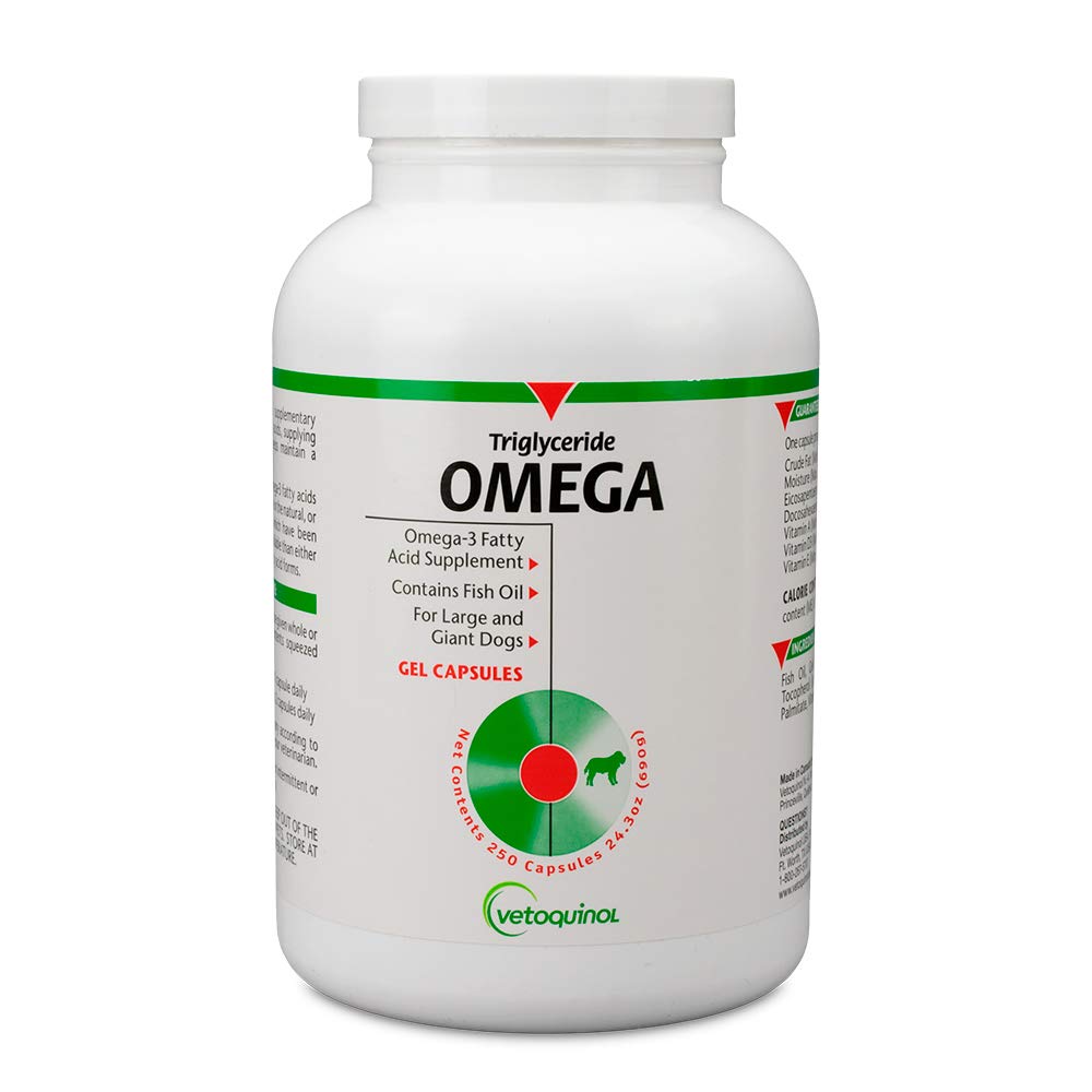 Vetoquinol omega-3 dog bottle promotes healthy skin and coat.