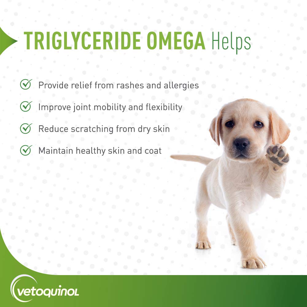 Closeup of Vetoquinol omega-3 dog capsules.