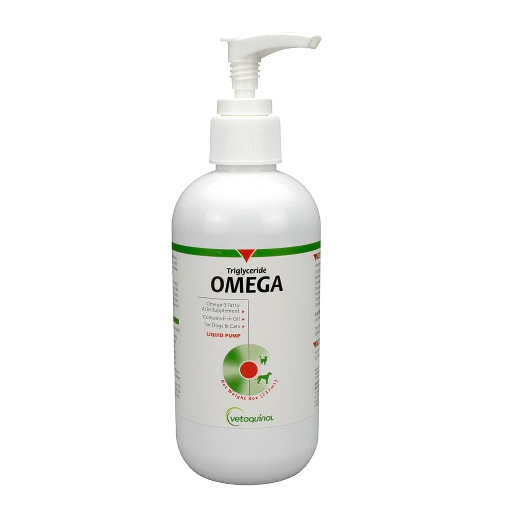 Vetoquinol Triglyceride Omega-3 liquid bottle poured into a pet's meal for healthy skin.