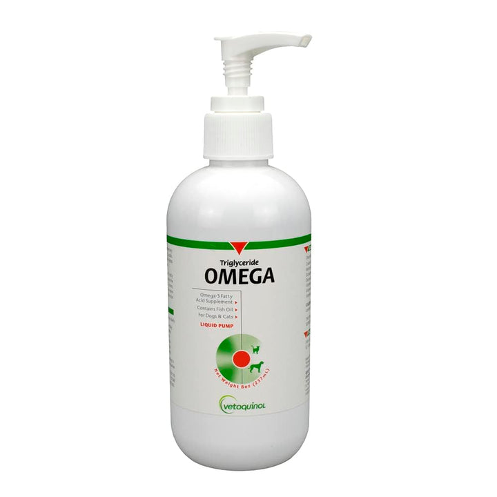 Vetoquinol Triglyceride Omega-3 liquid bottle poured into a pet's meal for healthy skin.