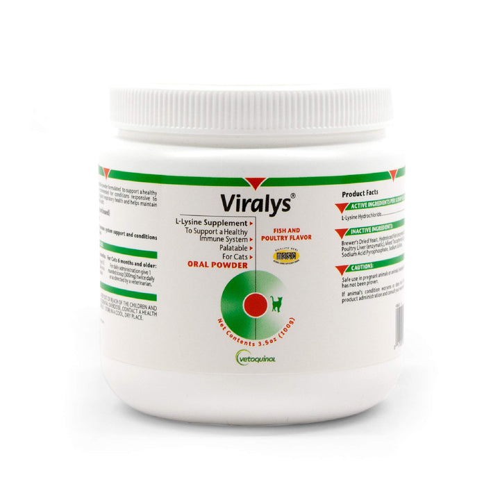 Vetoquinol Viralys bottle with fish-flavored lysine powder for cats, immune support