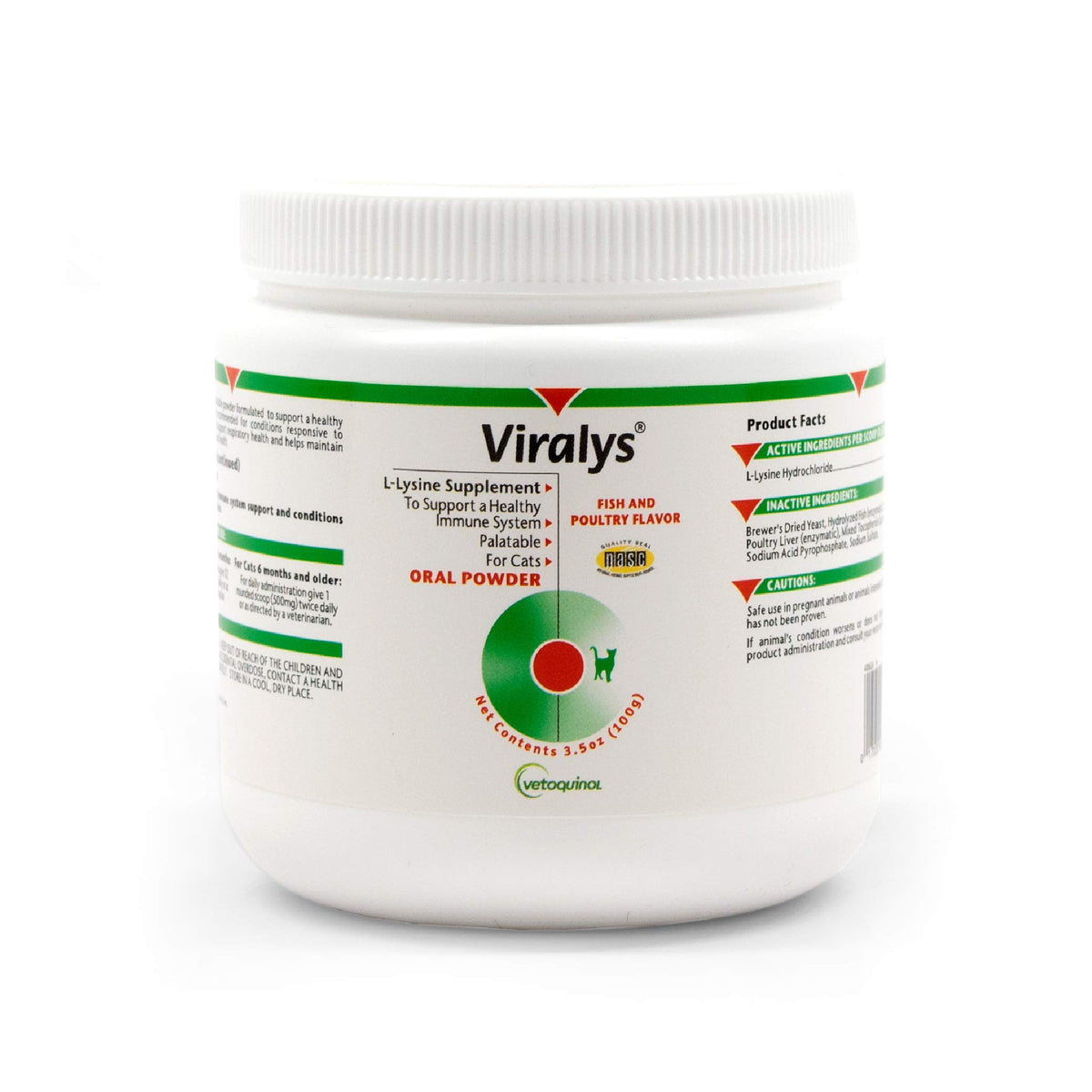 Vetoquinol Viralys bottle with fish-flavored lysine powder for cats, immune support