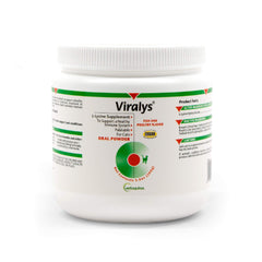 Vetoquinol Viralys bottle with fish-flavored lysine powder for cats, immune support