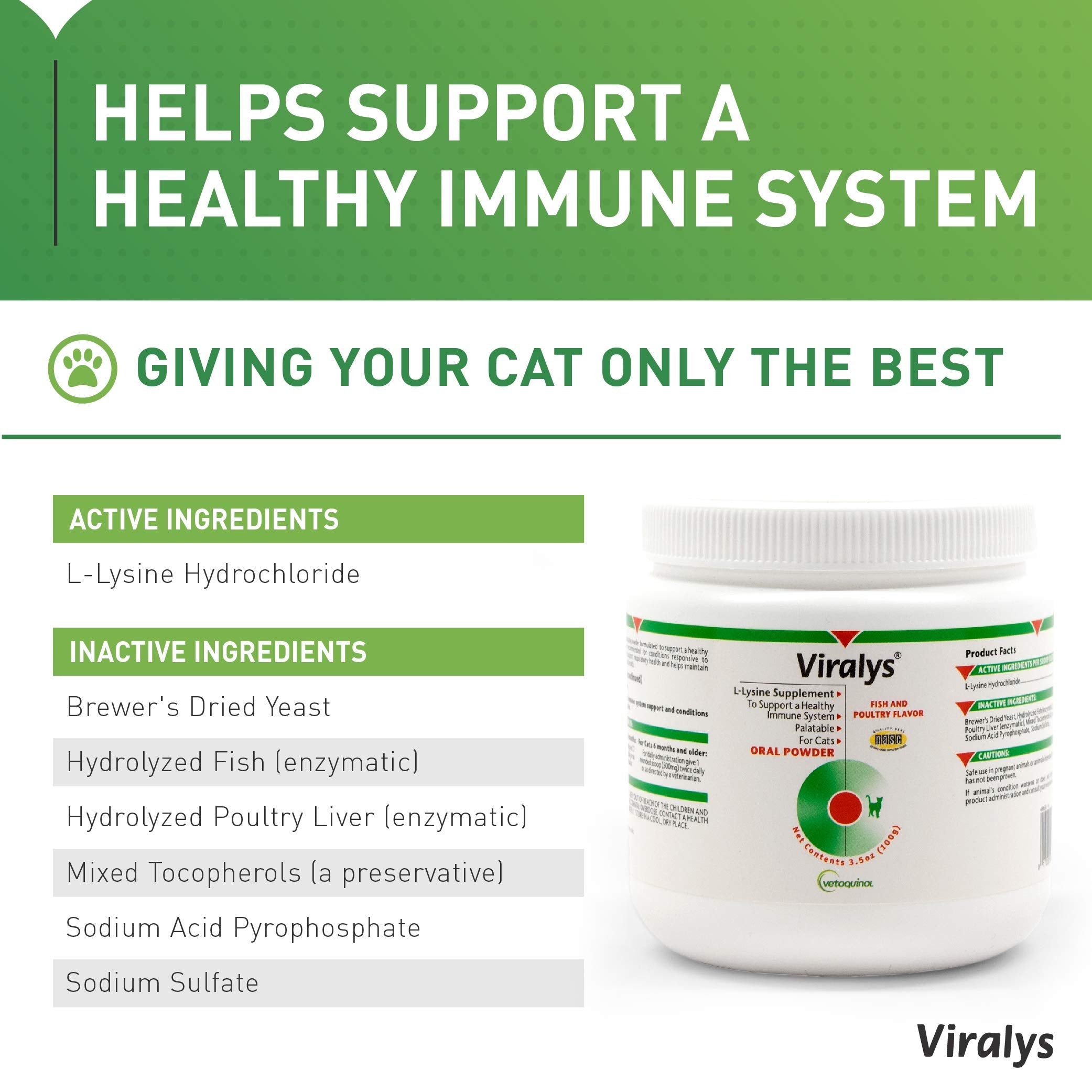Scoop of Viralys powder showing dosage for cats and kittens