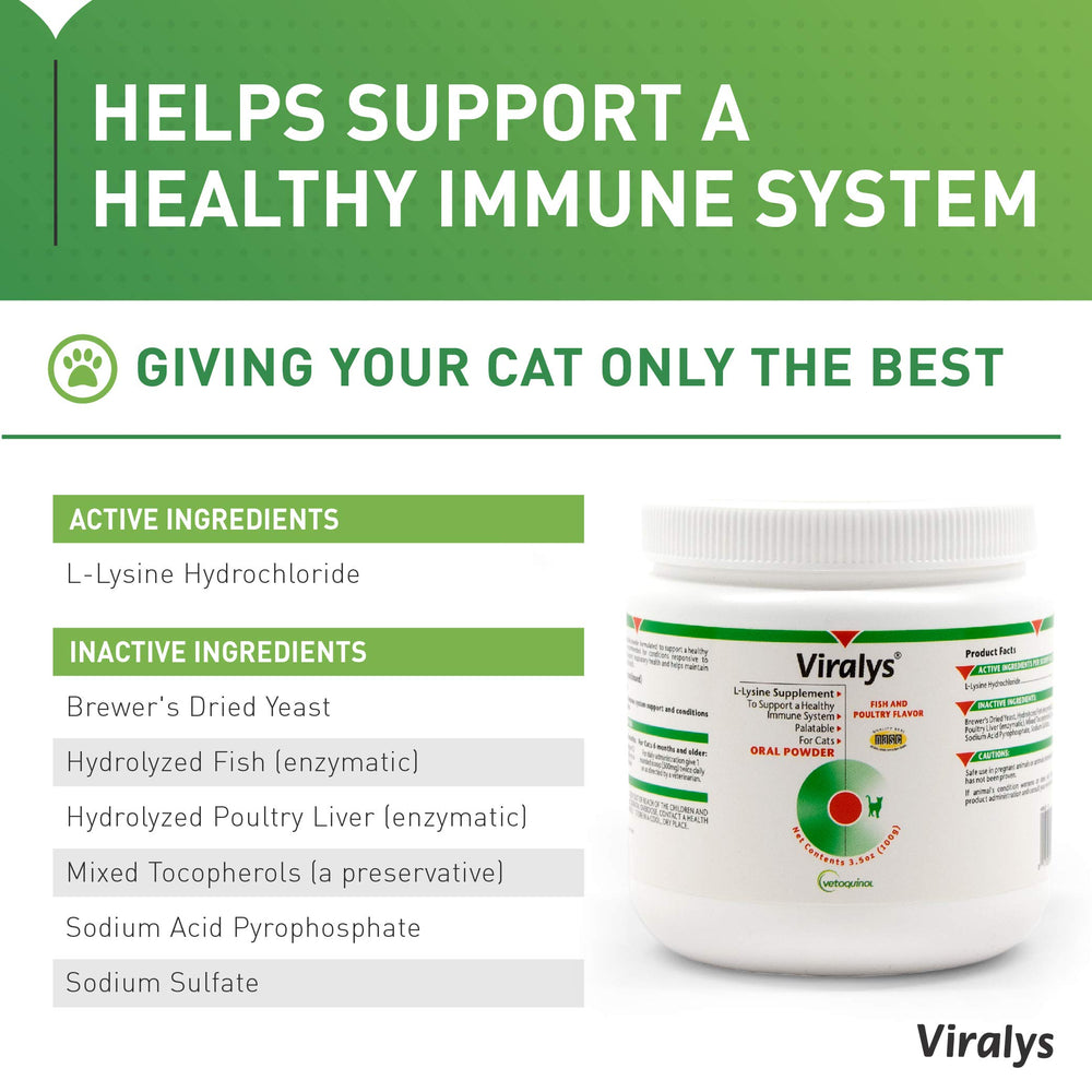Scoop of Viralys powder showing dosage for cats and kittens