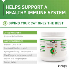 Scoop of Viralys powder showing dosage for cats and kittens
