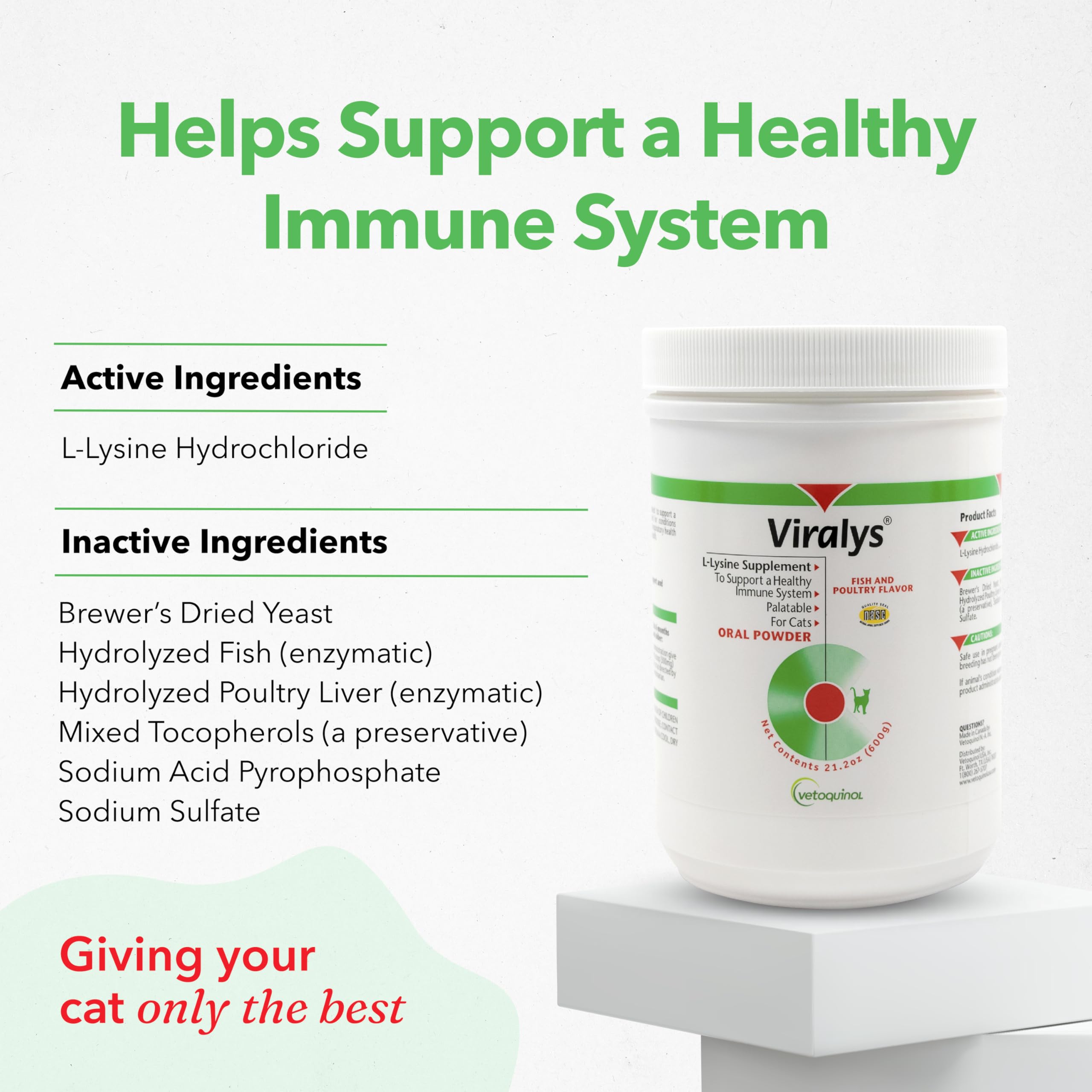 Vetoquinol Viralys measuring scoop demonstrates precise powder portioning for cats