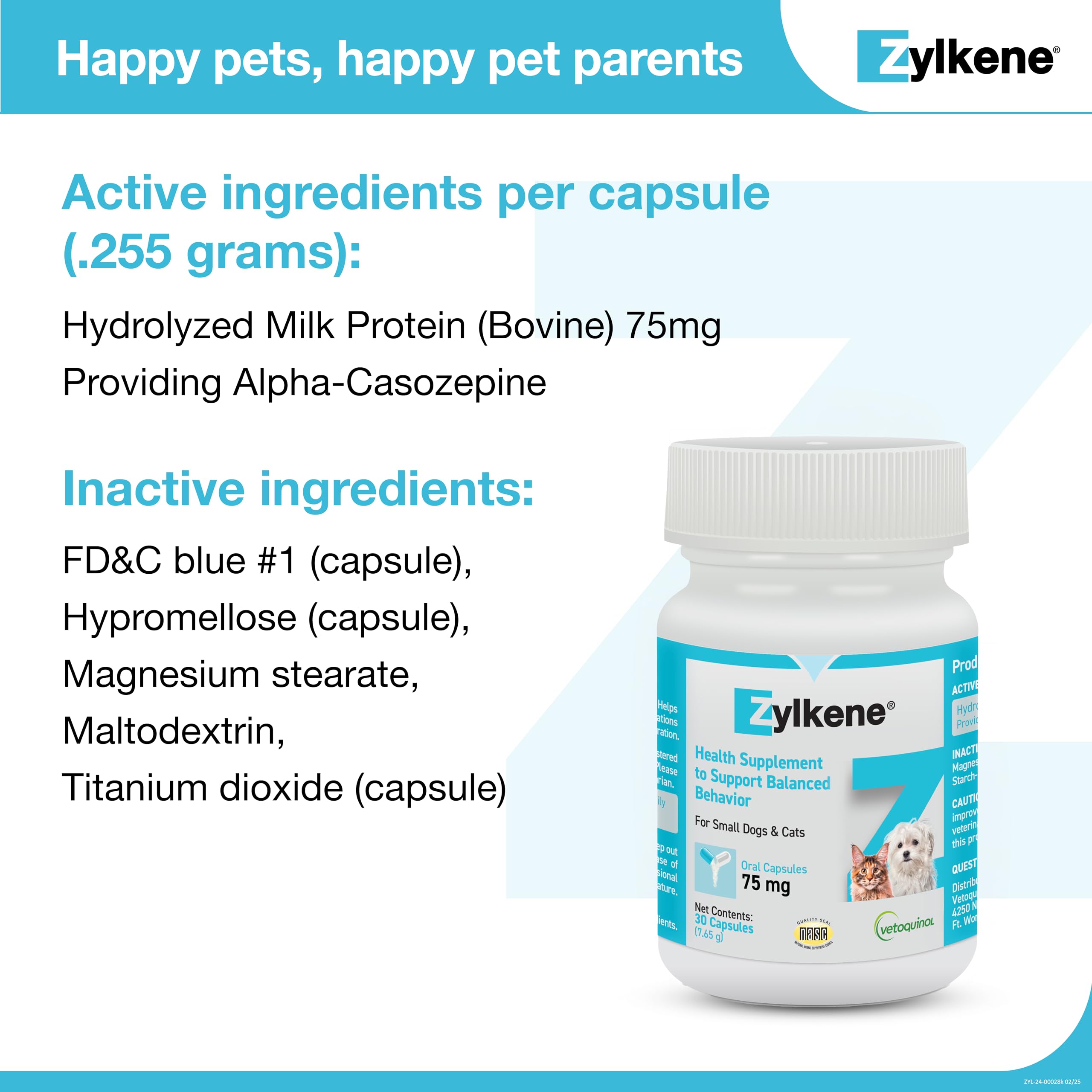 Label shows daily calming support from Vetoquinol Zylkene