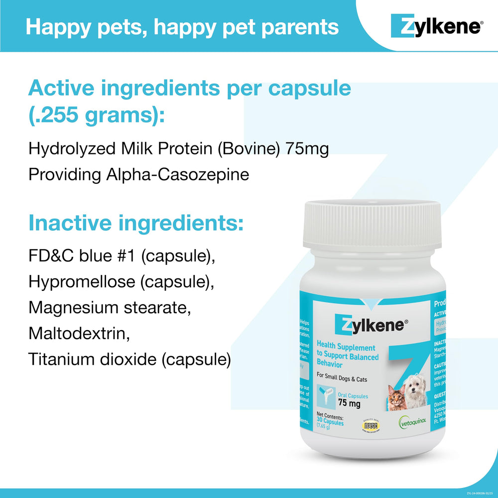 Label shows daily calming support from Vetoquinol Zylkene