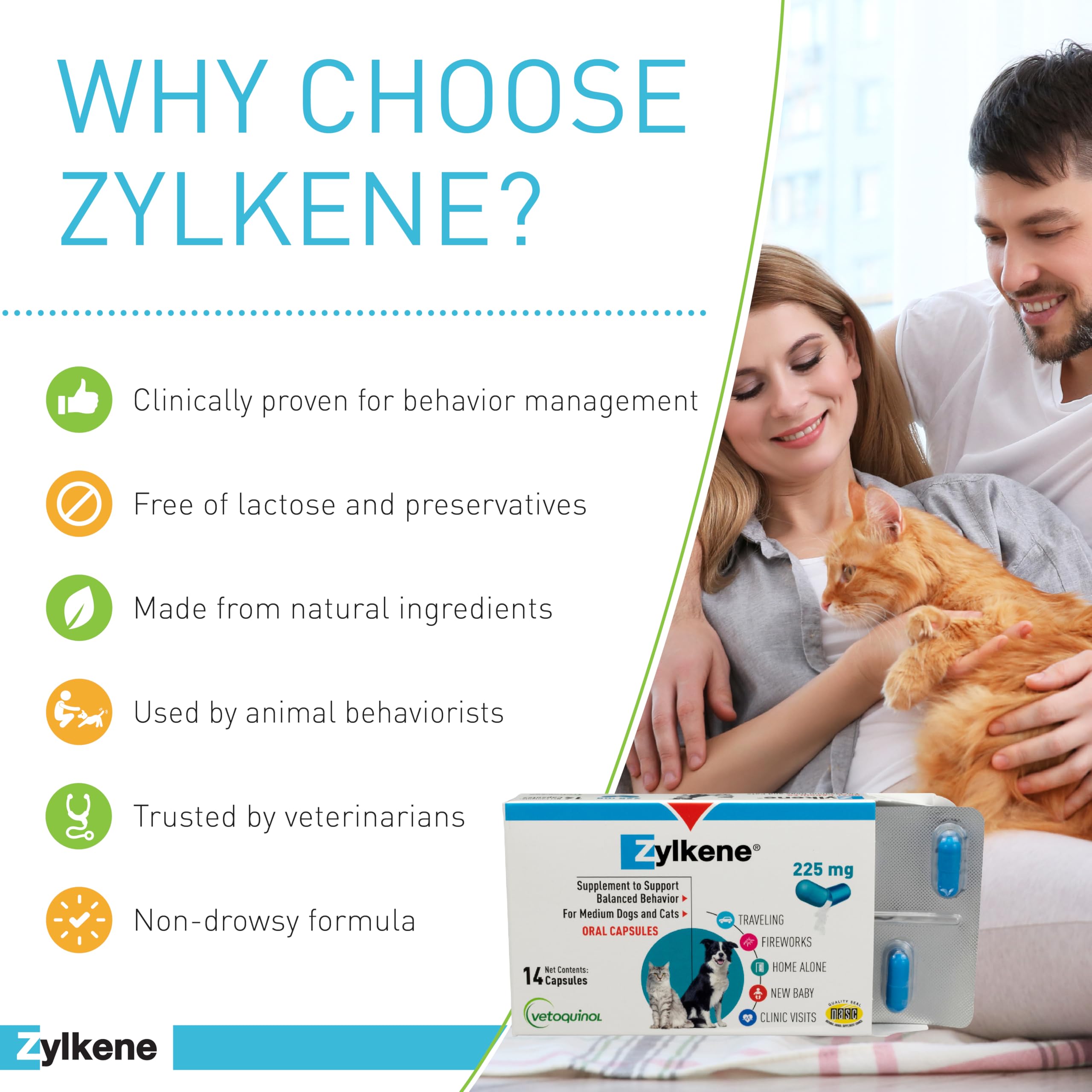 Vetoquinol Zylkene box and packaging showing lactose-free calm aid.