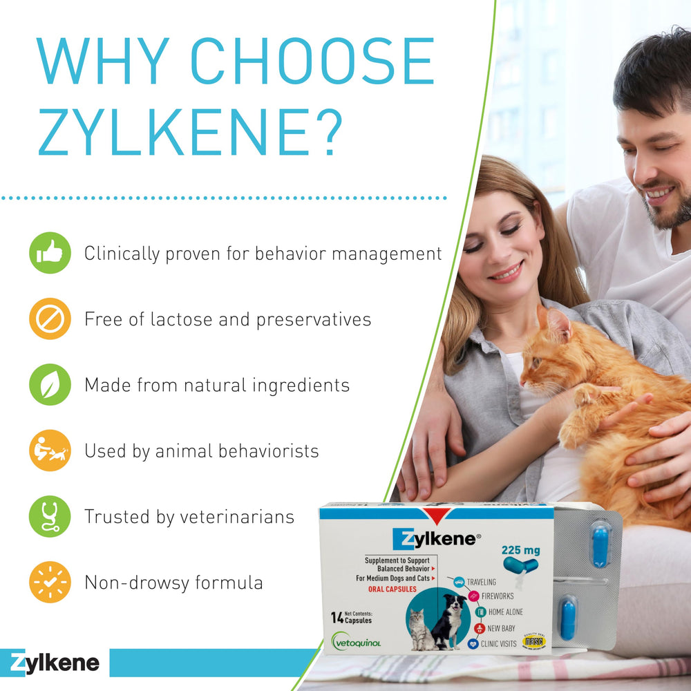 Vetoquinol Zylkene box and packaging showing lactose-free calm aid.