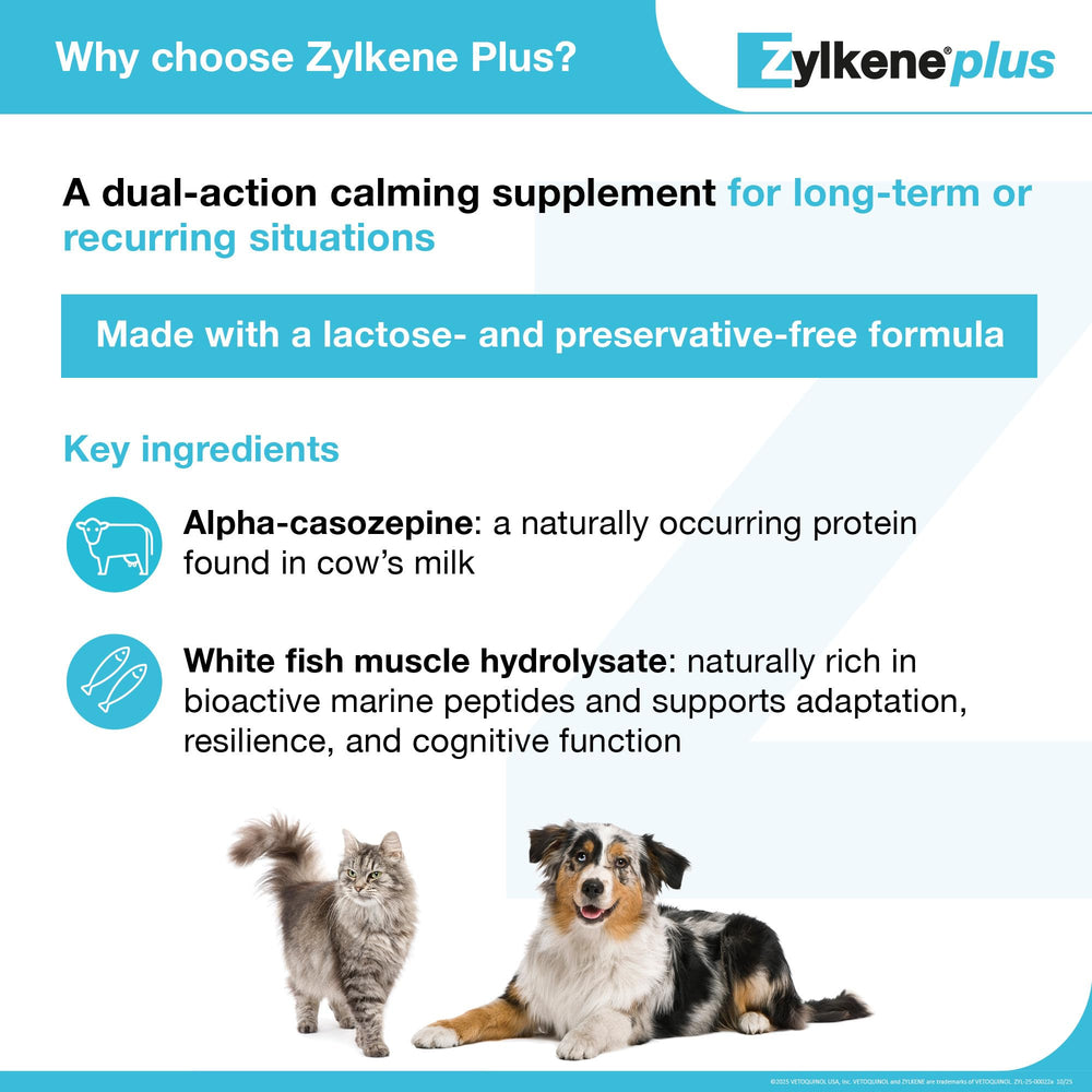 Vetoquinol Zylkene Plus label highlights key ingredients.