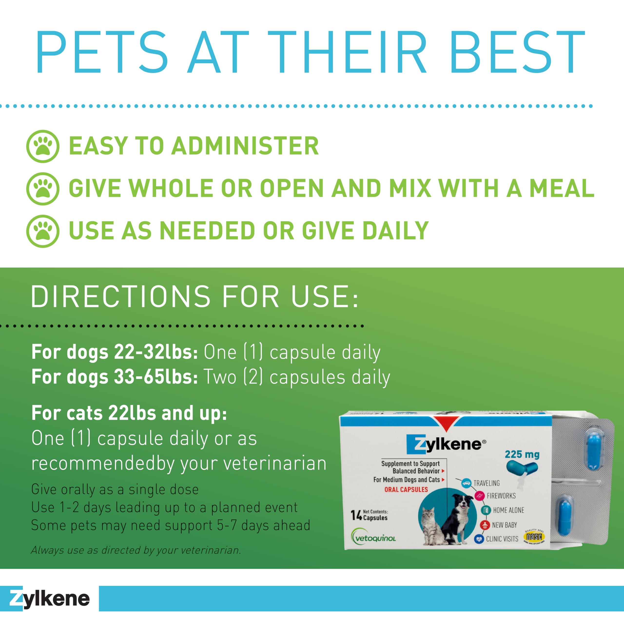 Packaging showing Zylkene use during travel for calm behavior.