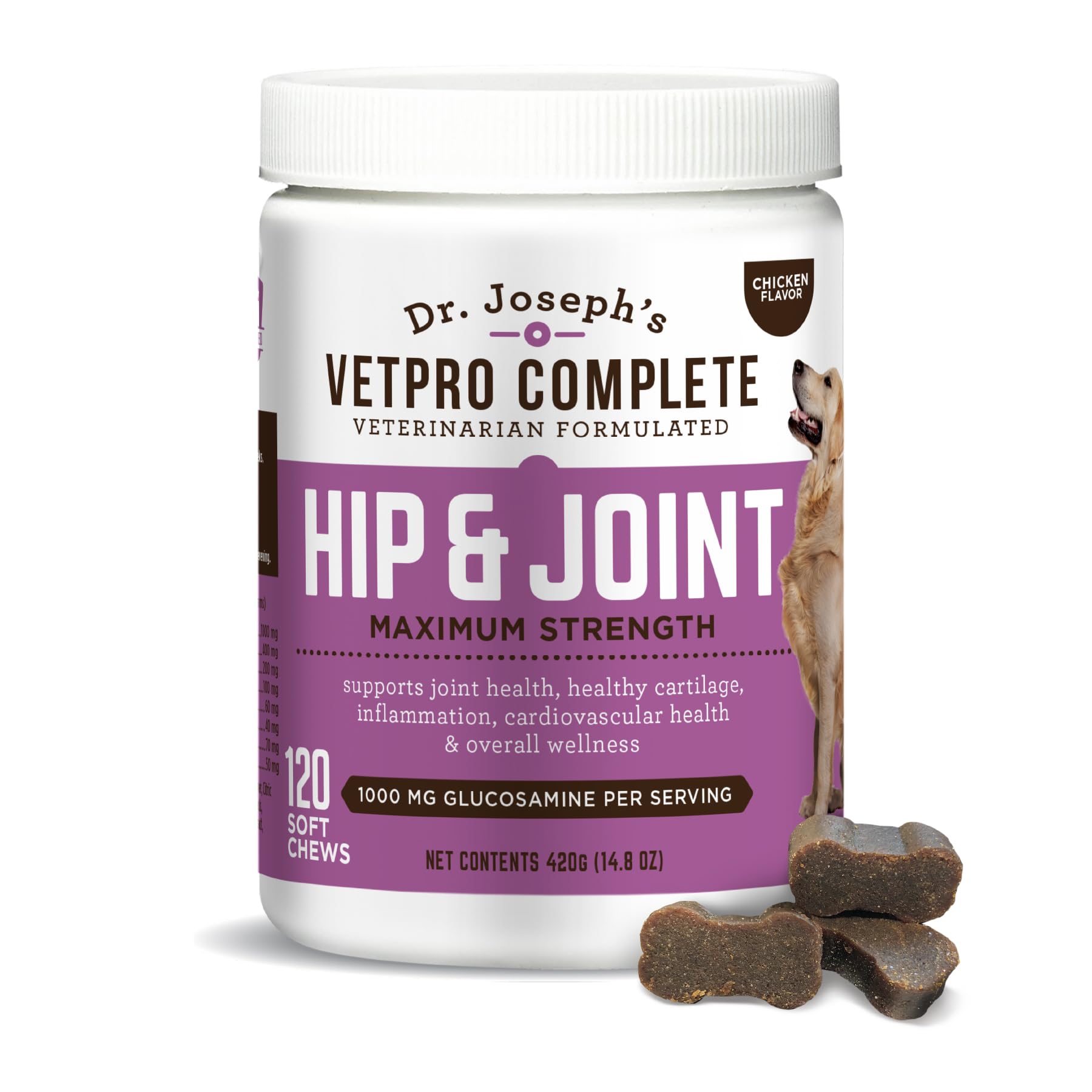 VetPro Complete packaging showing Dr. Joseph's dog hip and joint chews for use.