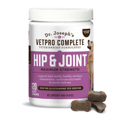 VetPro Complete packaging showing Dr. Joseph's dog hip and joint chews for use.