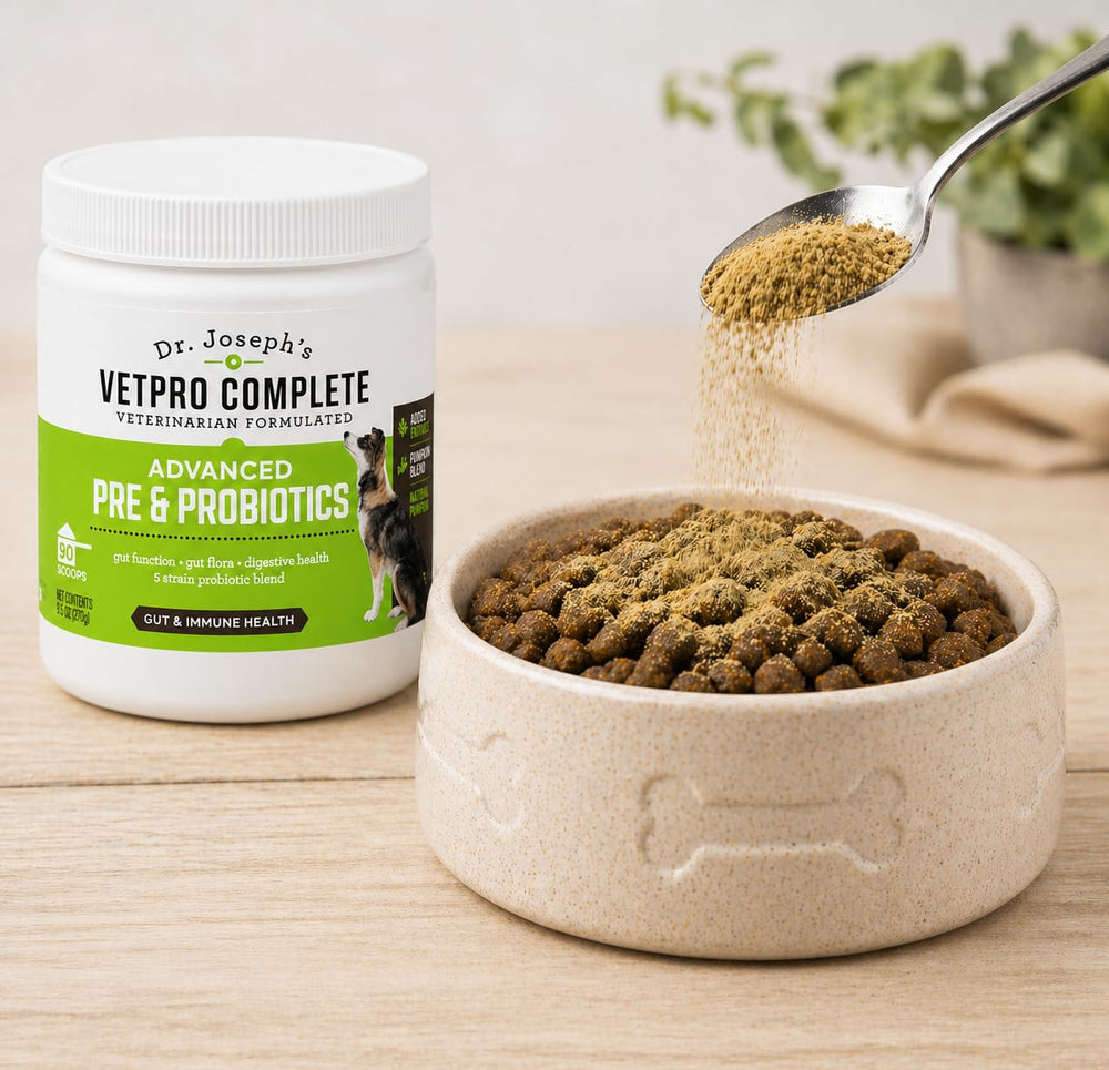 VetPro Complete meal topper poured on dog food for better appeal.