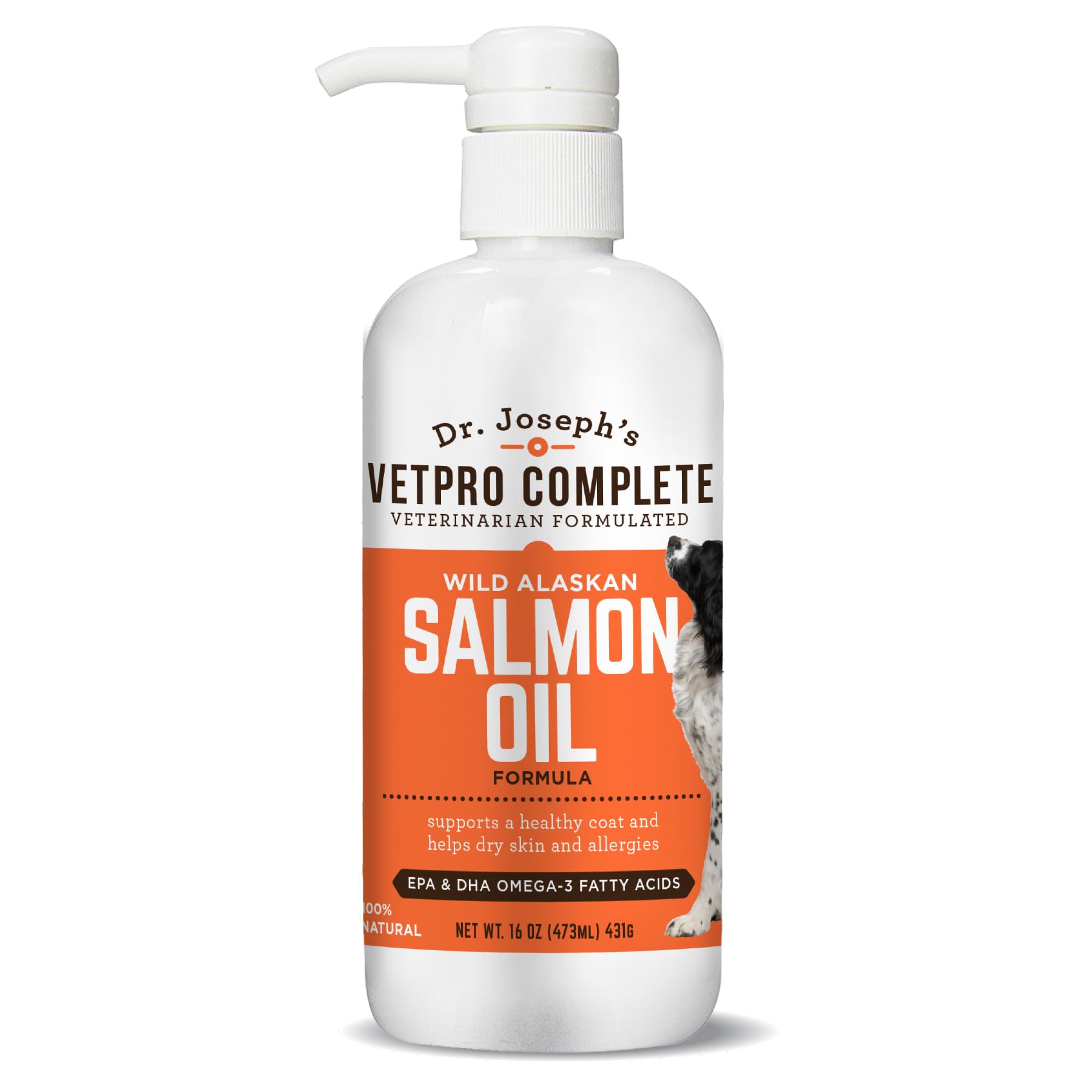 VetPro Complete salmon oil bottle-front view for dogs and cats, with coat benefits
