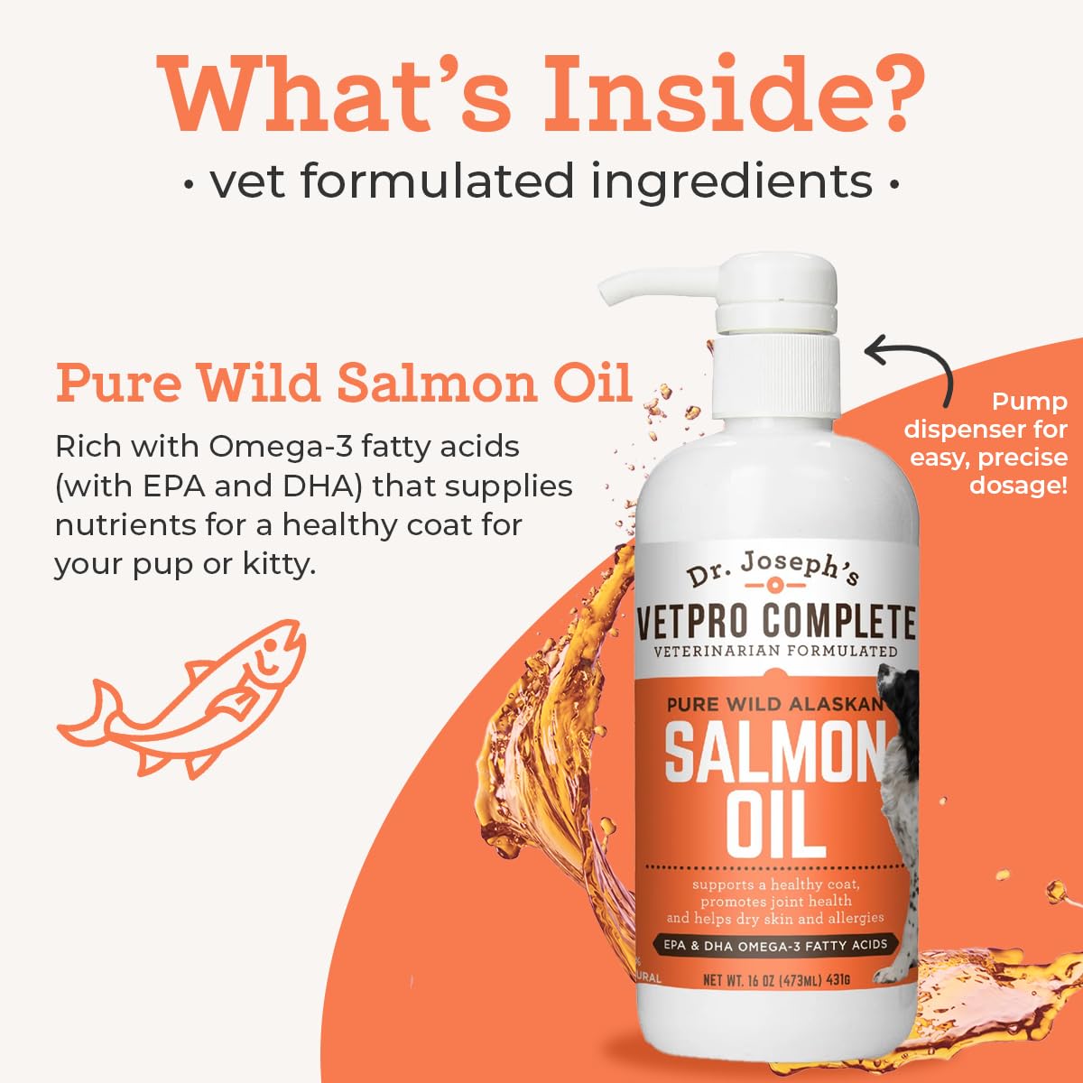 VetPro Complete salmon oil bottle pump dispensing a precise daily serving