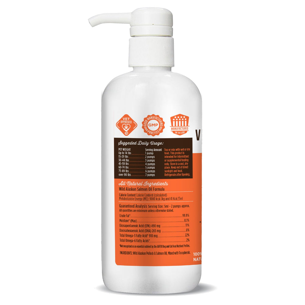 USA-made VetPro Complete salmon oil highlighting skin and coat health