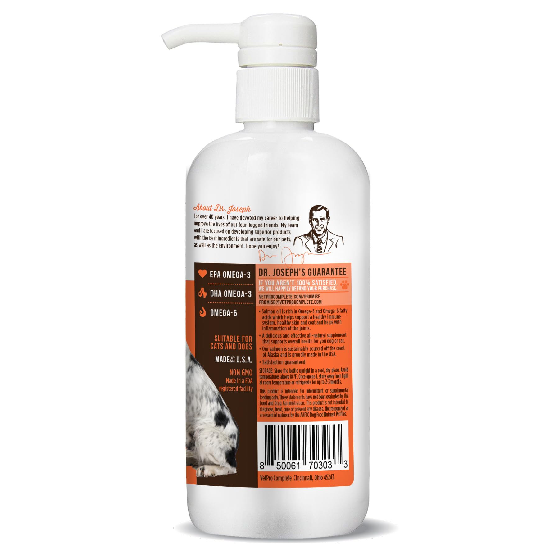 VetPro Complete salmon oil label confirming GMP-compliant USA production