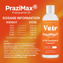Close-up of Vetr PraziMax label showing dosage details.