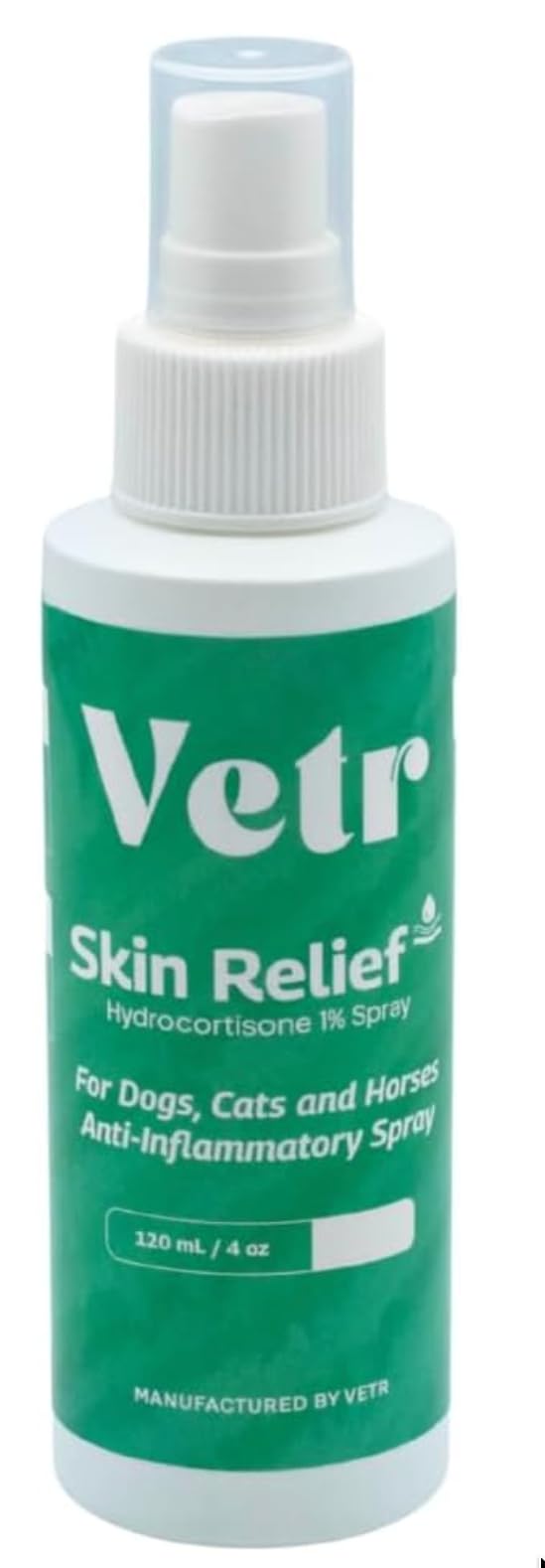 Vetr Skin Relief spray bottle close-up showing 1% hydrocortisone formula for dog comfort.