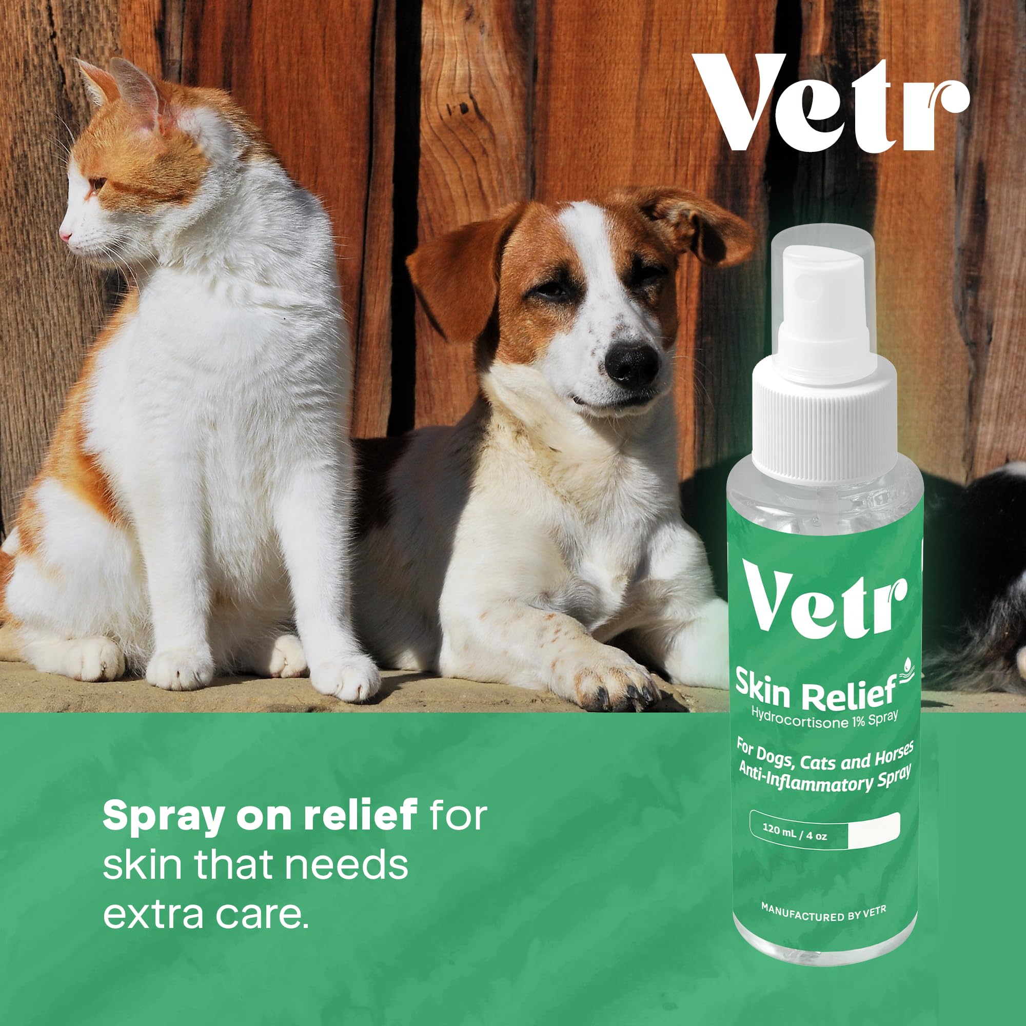 Vetr Skin Relief product packaging highlighting 1% hydrocortisone.