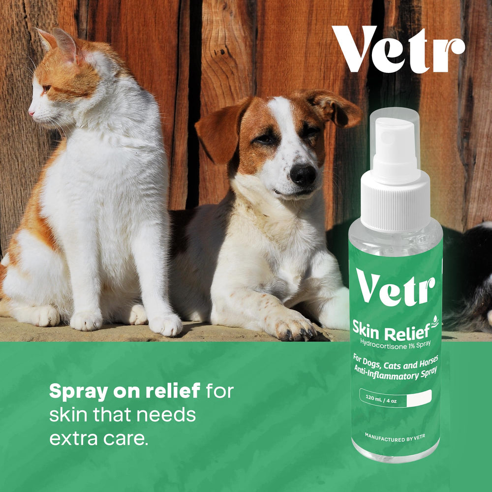 Vetr Skin Relief product packaging highlighting 1% hydrocortisone.