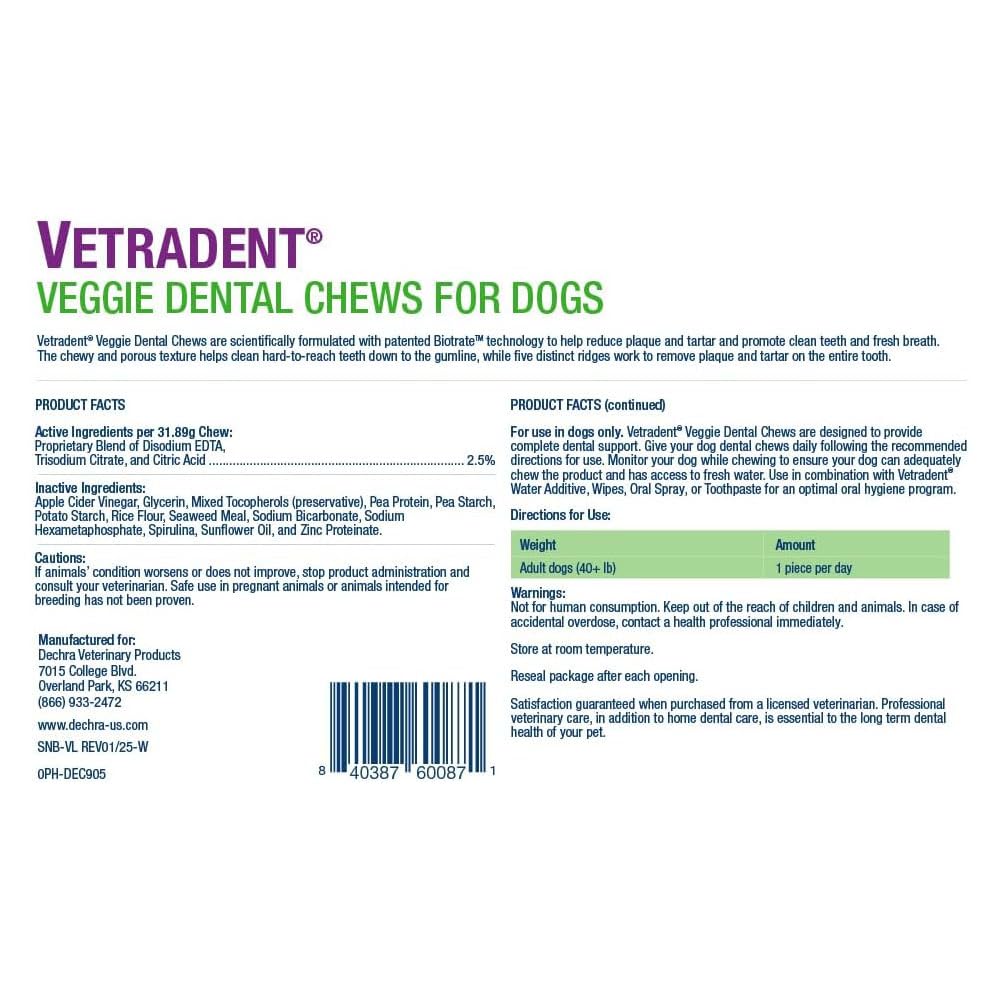 Vetradent Veggie Dental Chews for Large Dogs bag ready for daily use.