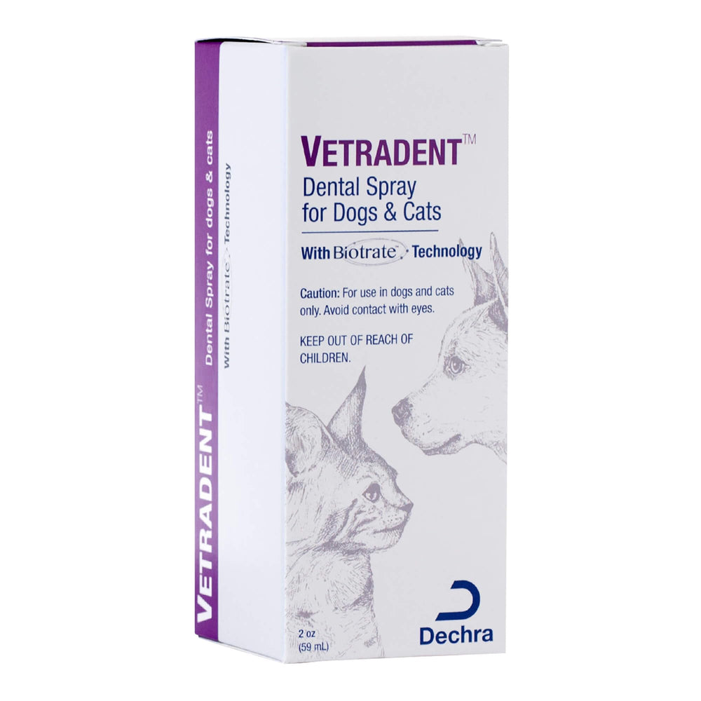 Vetradent Dental Spray packaging front showing 2 oz bottle for dogs and cats