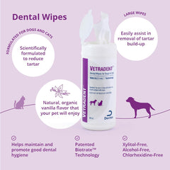 Vetradent dental wipes in a resealable pouch for quick tartar control on pets.