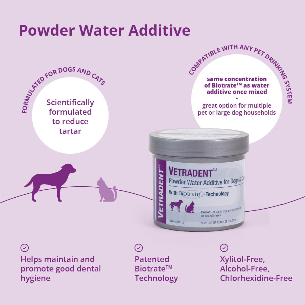 Measuring scoop for Vetradent powder enables accurate daily dosing.