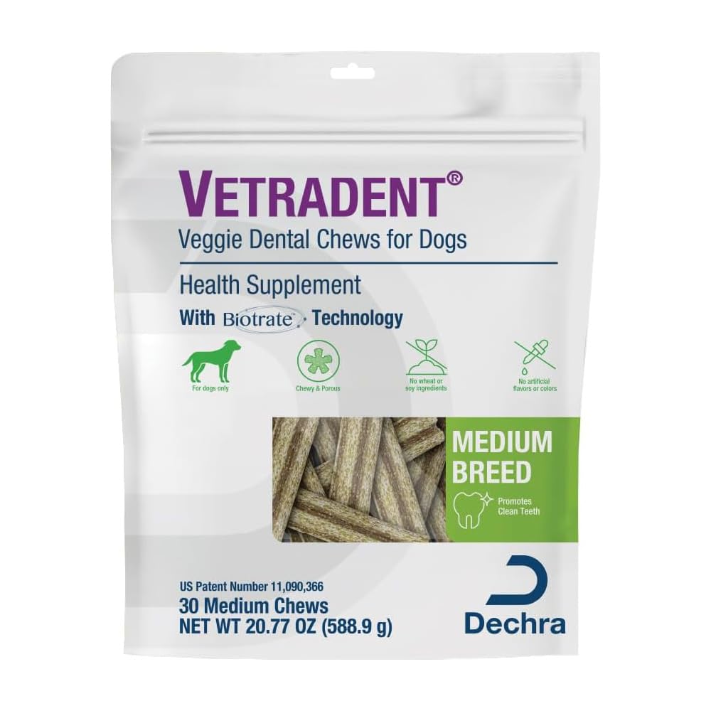 Vetradent Veggie Dental Chews packaging designed for medium dogs and daily use