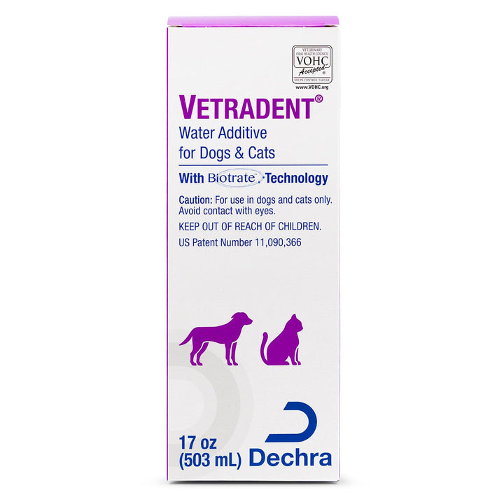 Vetradent Water Additive bottle 17 oz demonstrates tartar-control solution for pets.