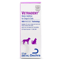 Vetradent Water Additive bottle 17 oz demonstrates tartar-control solution for pets.