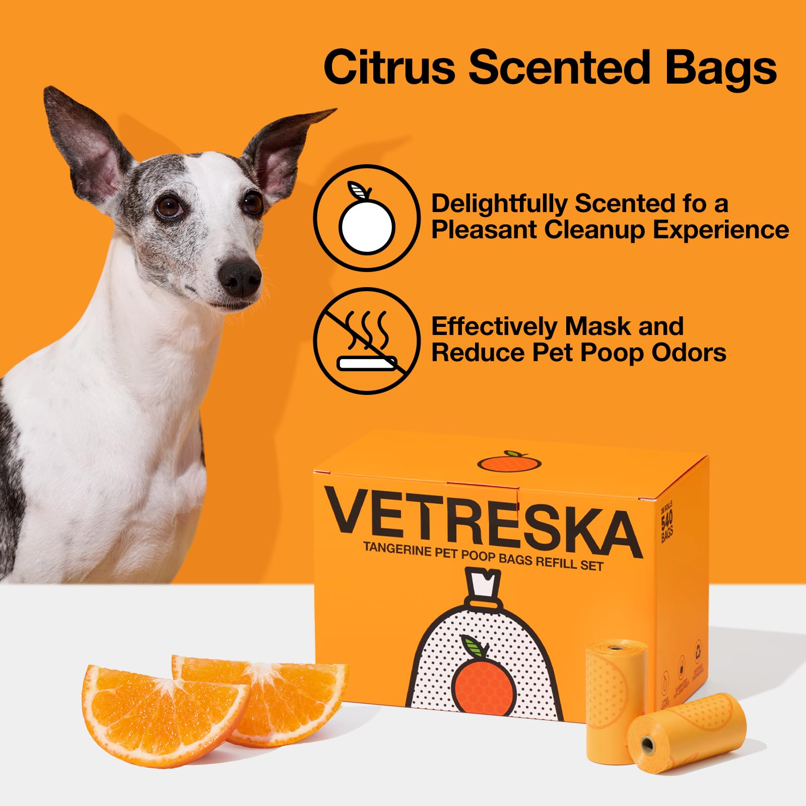 VETRESKA 36-roll box features orange-tinted bags and a Tangerine design.