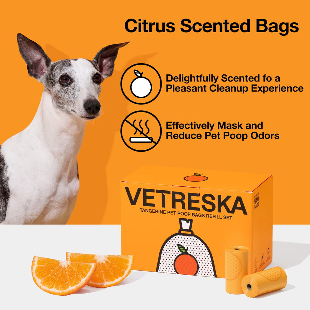 VETRESKA 36-roll box features orange-tinted bags and a Tangerine design.