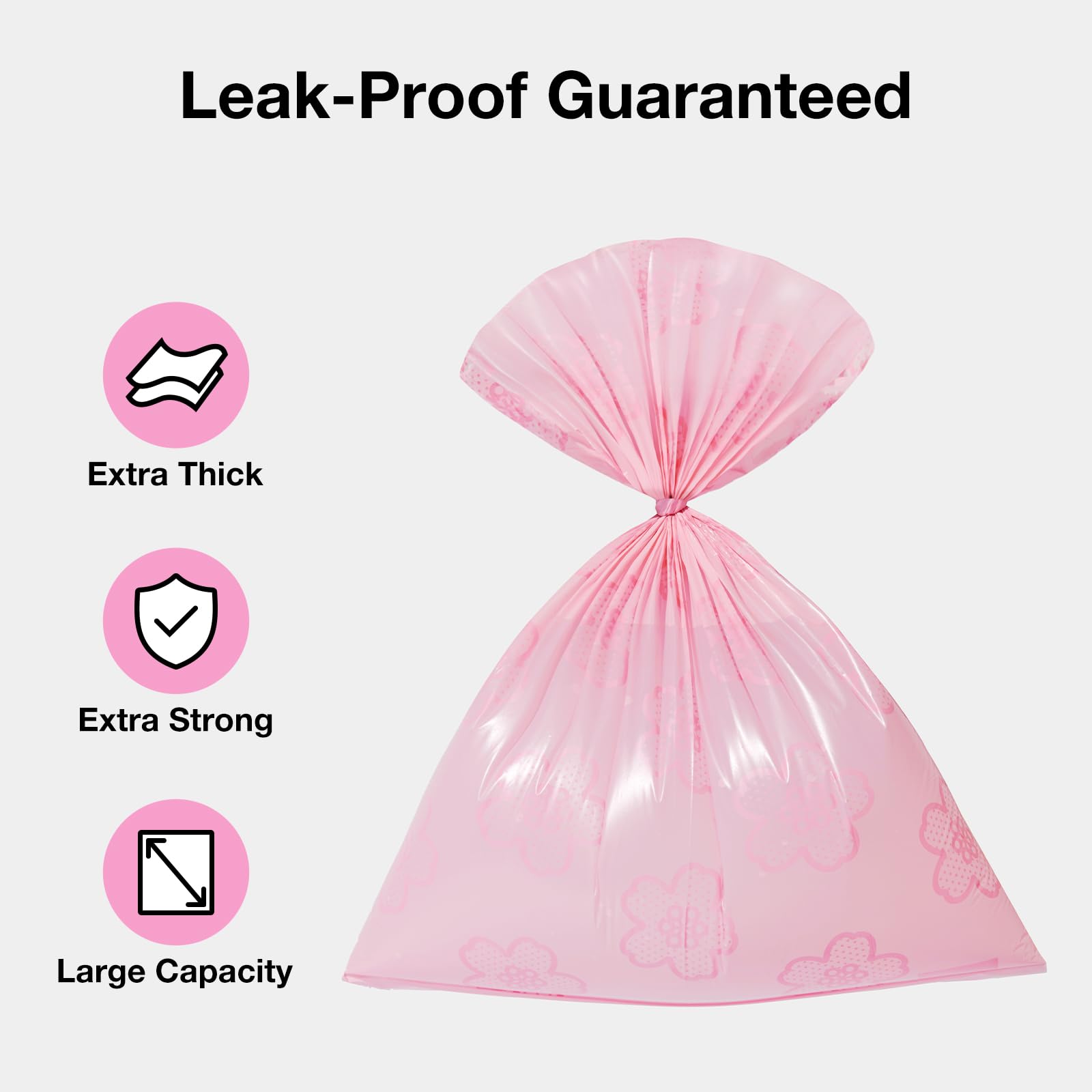 Close-up of VETRESKA leak-proof bags highlighting extra-thick material for mess-free pickups.