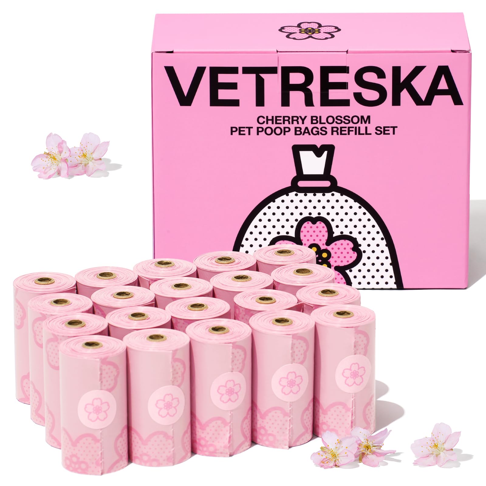 VETRESKA cherry blossom poop bags packaging shows scented design for easy cleanup on walks.