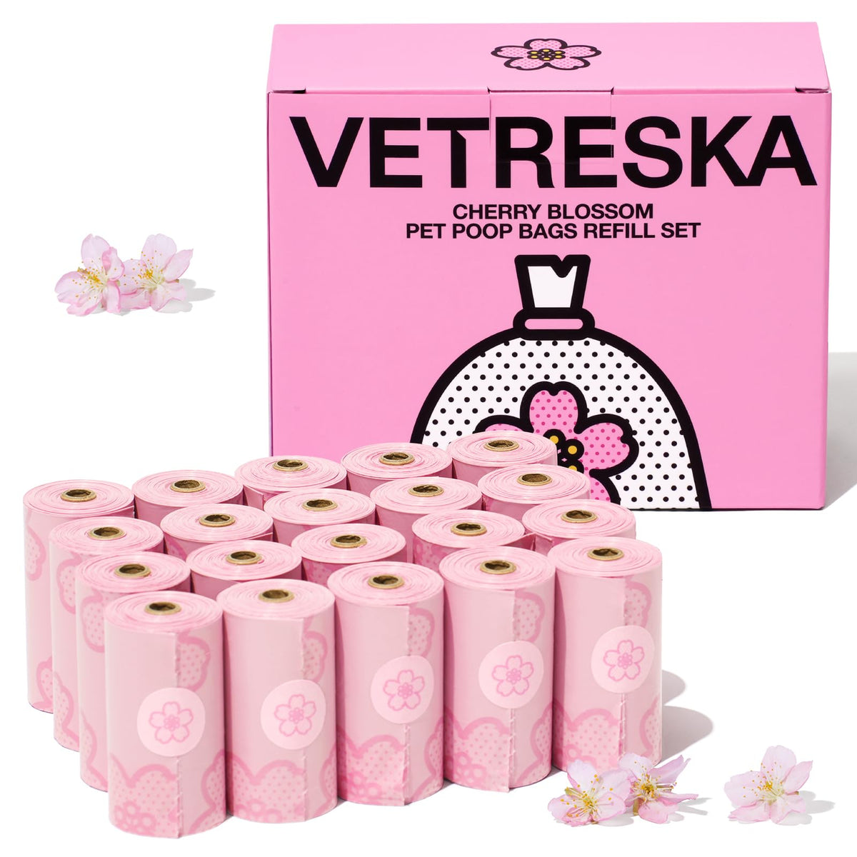 VETRESKA cherry blossom poop bags packaging shows scented design for easy cleanup on walks.