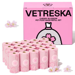 VETRESKA cherry blossom poop bags packaging shows scented design for easy cleanup on walks.