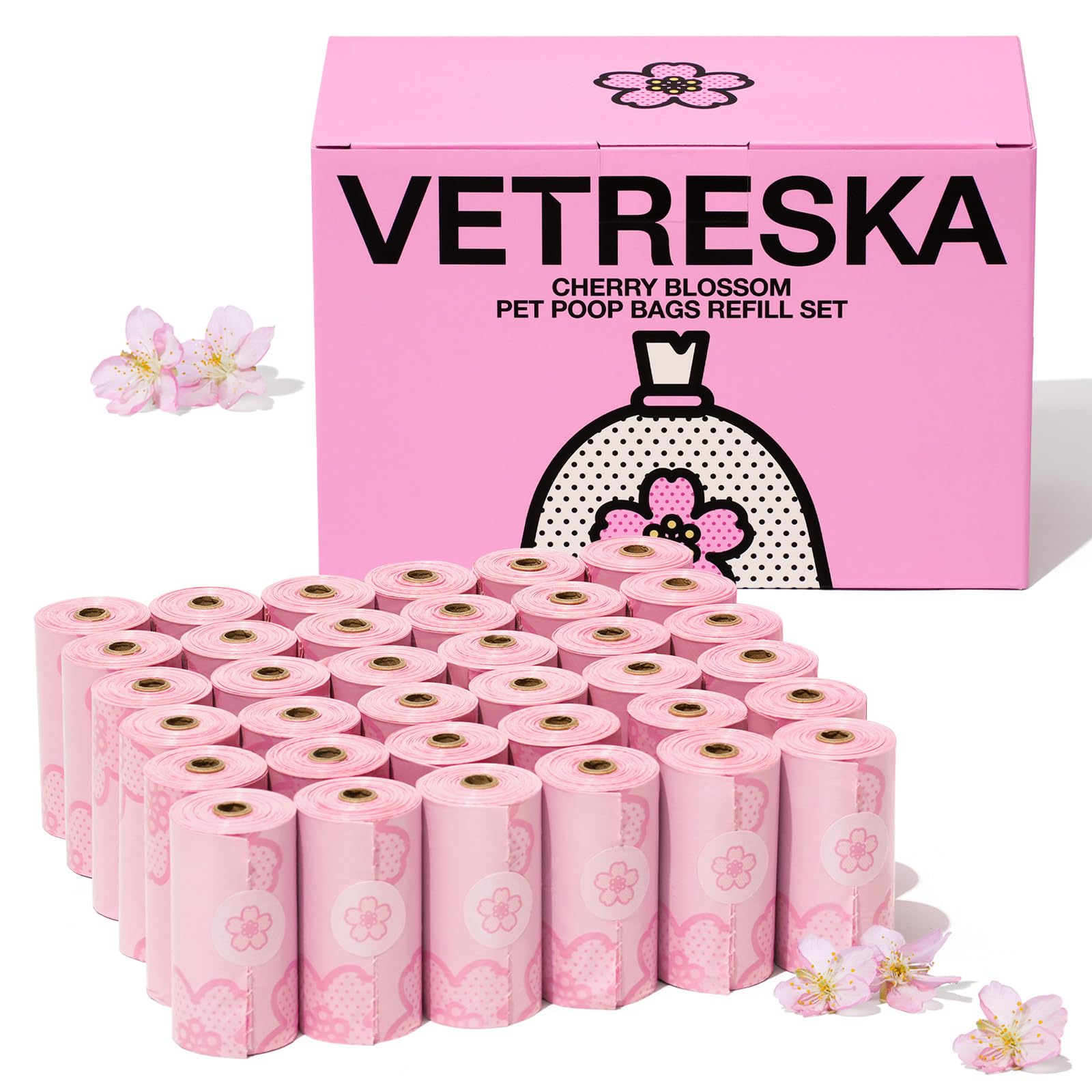 VETRESKA cherry blossom scented poop bags package for easy disposal