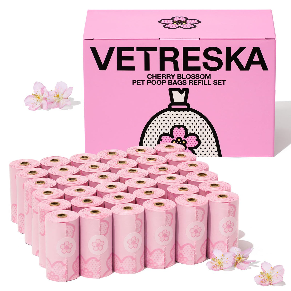 VETRESKA cherry blossom scented poop bags package for easy disposal