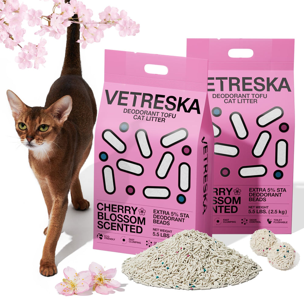 VETRESKA Cherry Blossom Tofu Cat Litter bag packaging with vacuum seal for secure storage.