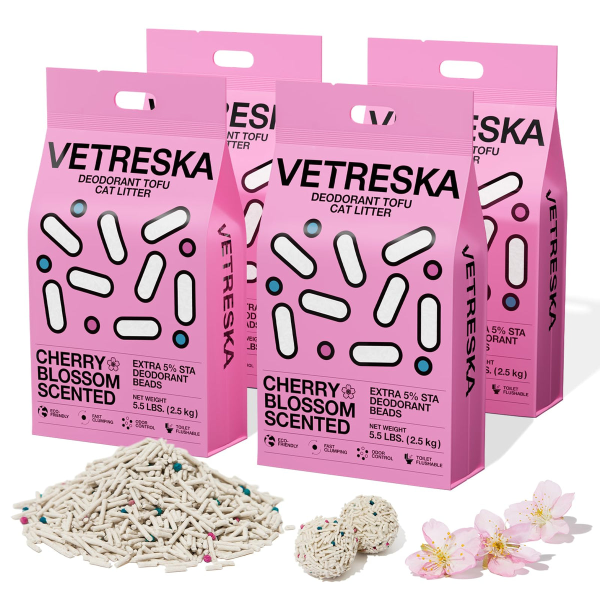 Vetreska Cherry Blossom tofu cat litter pellets showing fast clumping.