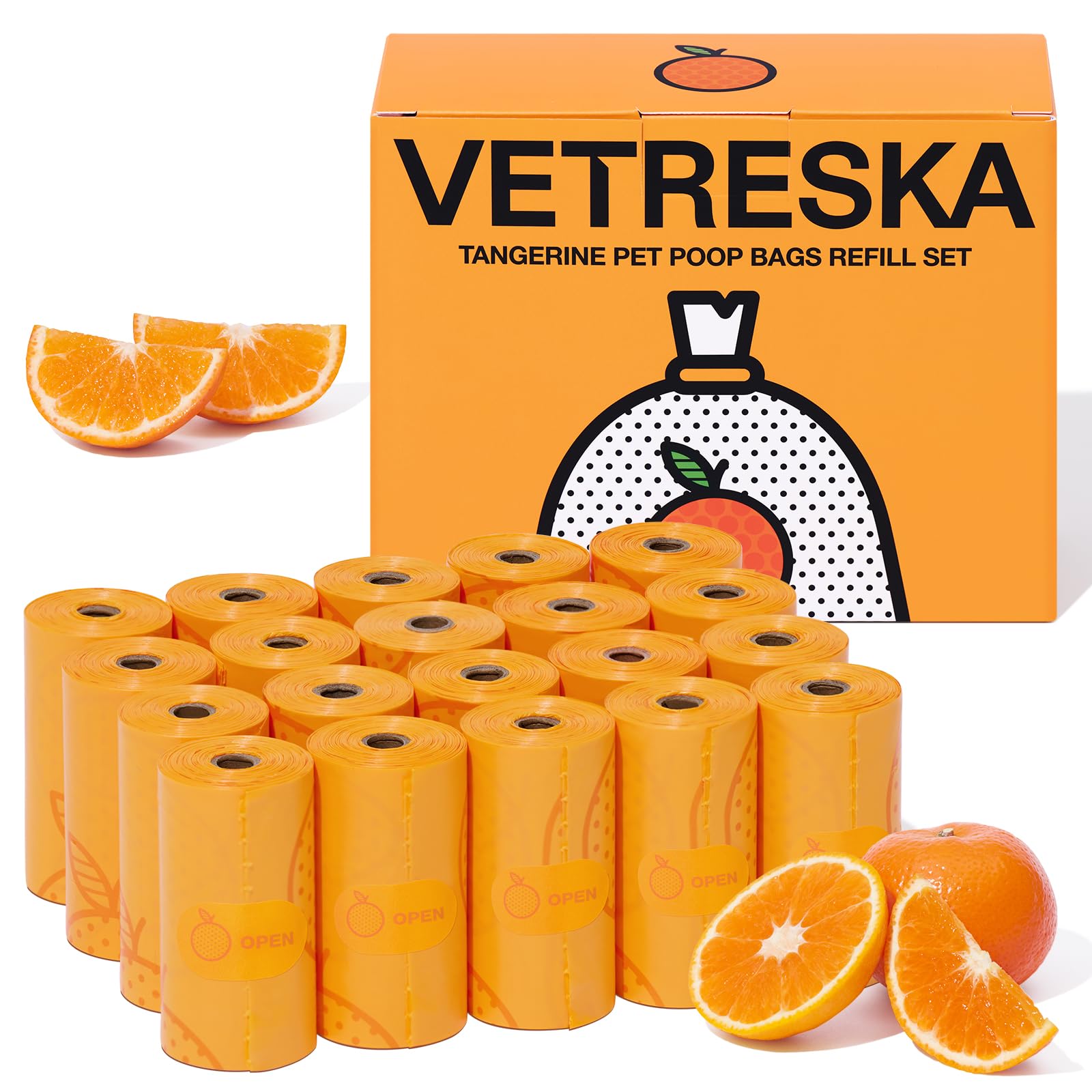 VETRESKA citrus scented poop bags with orange design for odor control during walks