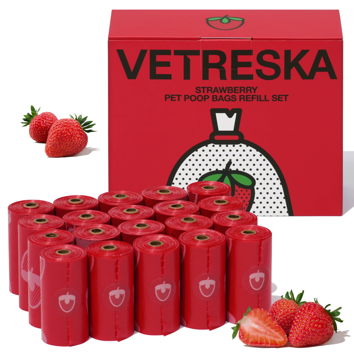 VETRESKA strawberry scented poop bag box improves odor control for pet waste.