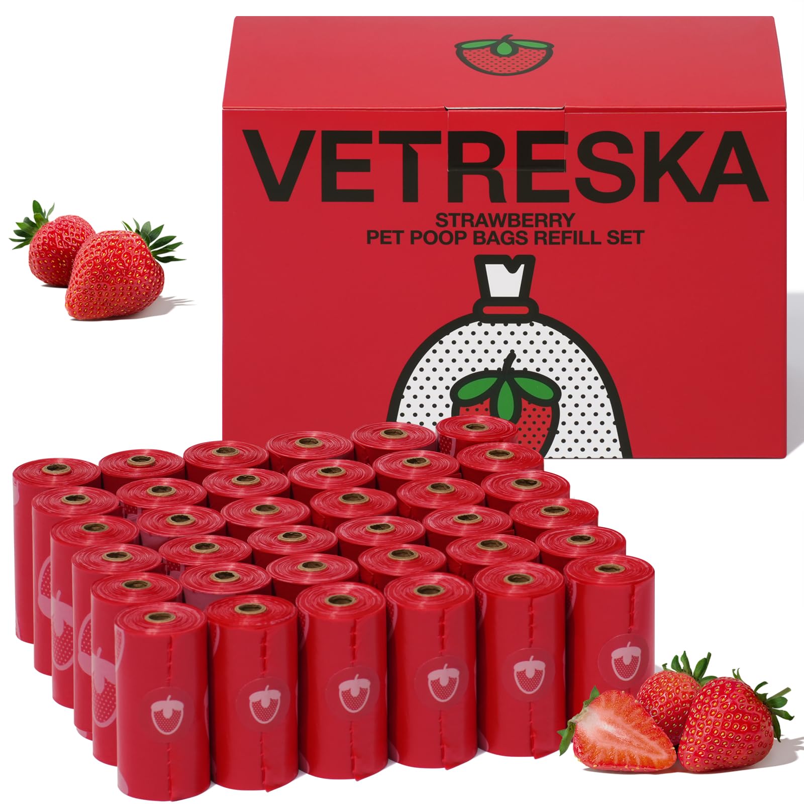 VETRESKA strawberry scented poop bags in packaging highlighting eco-friendly materials